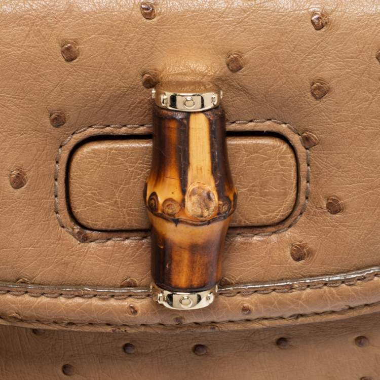 Pre Owned Gucci Tan Ostrich Medium Tassel New Bamboo Top Handle Bag