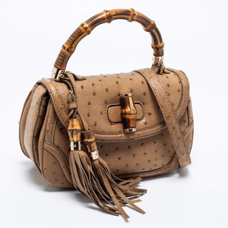Pre Owned Gucci Tan Ostrich Medium Tassel New Bamboo Top Handle Bag