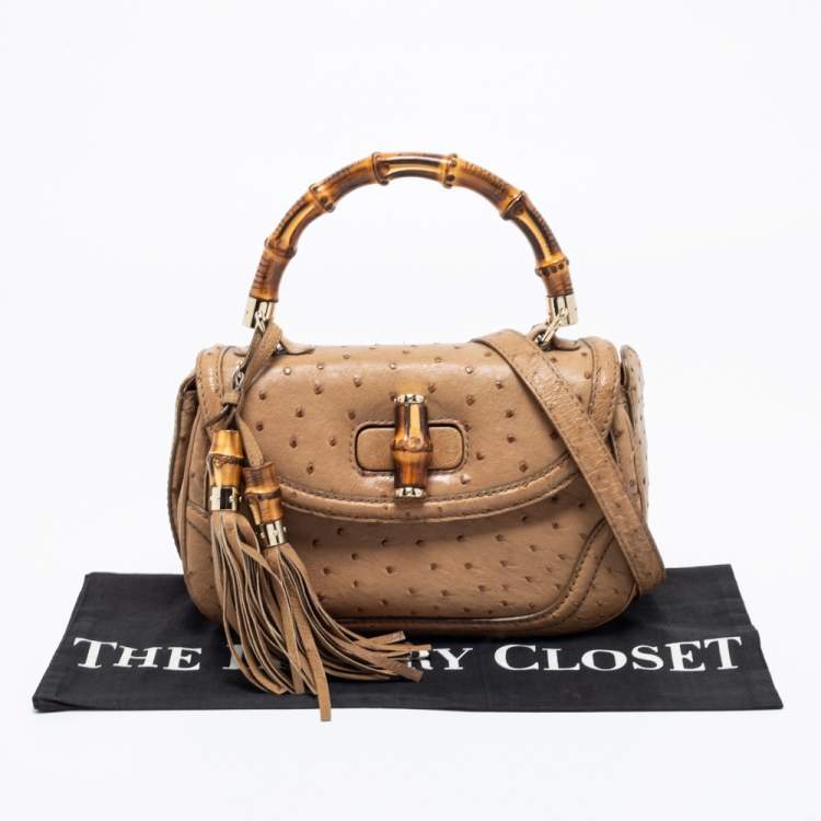 Pre Owned Gucci Tan Ostrich Medium Tassel New Bamboo Top Handle Bag