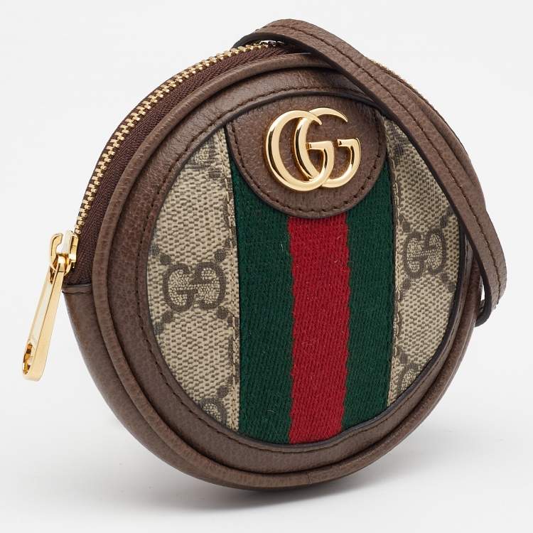 Pre Owned Gucci Beige/Brown GG Supreme Canvas And Leather Ophidia Round Coin Case