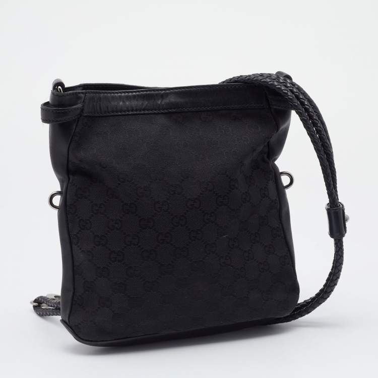 Pre Owned Gucci Black GG Canvas And Braided Leather Handle Shoulder Bag