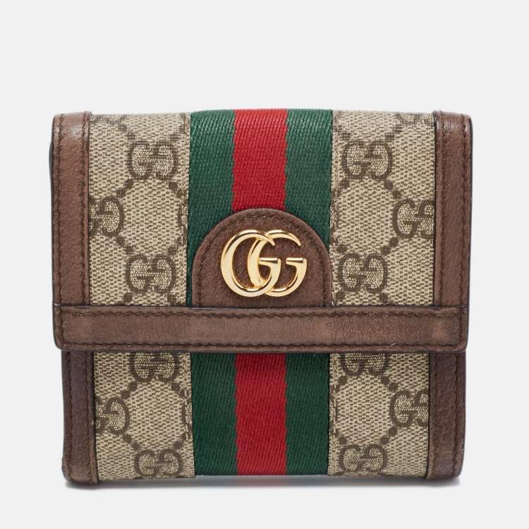 Pre Owned Gucci Brown/Beige GG Supreme Canvas and Leather Ophidia French Wallet