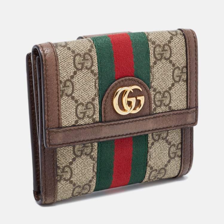 Pre Owned Gucci Brown/Beige GG Supreme Canvas and Leather Ophidia French Wallet