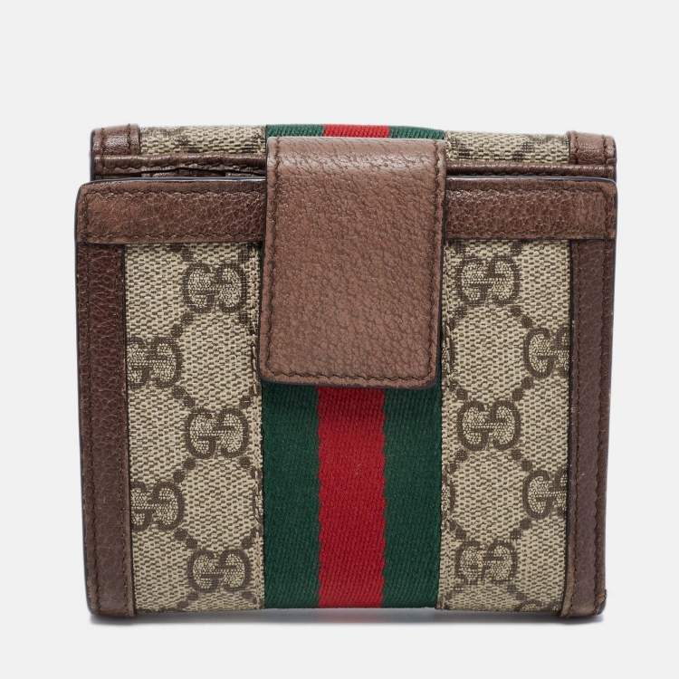 Pre Owned Gucci Brown/Beige GG Supreme Canvas and Leather Ophidia French Wallet
