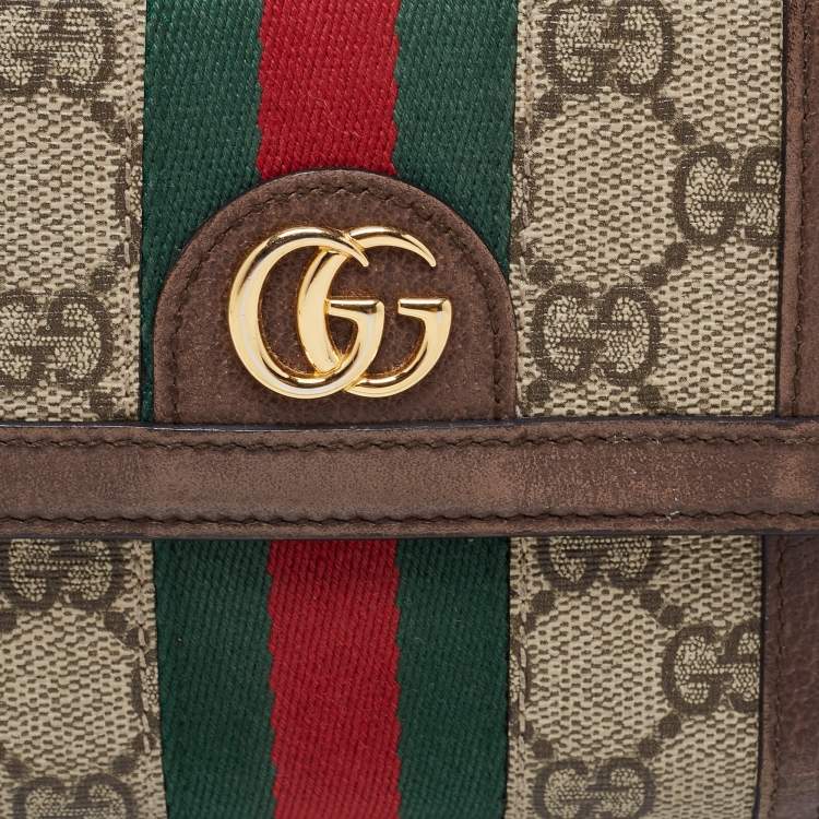 Pre Owned Gucci Brown/Beige GG Supreme Canvas and Leather Ophidia French Wallet