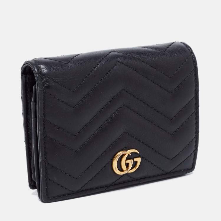 Pre Owned Gucci Black Matelassé Leather GG Marmont Card Case