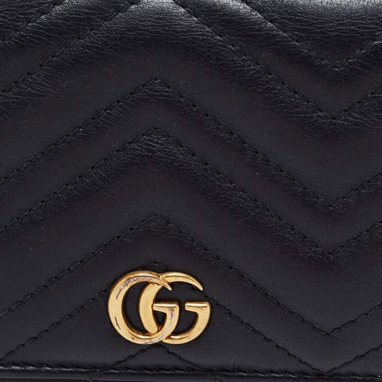 Pre Owned Gucci Black Matelassé Leather GG Marmont Card Case