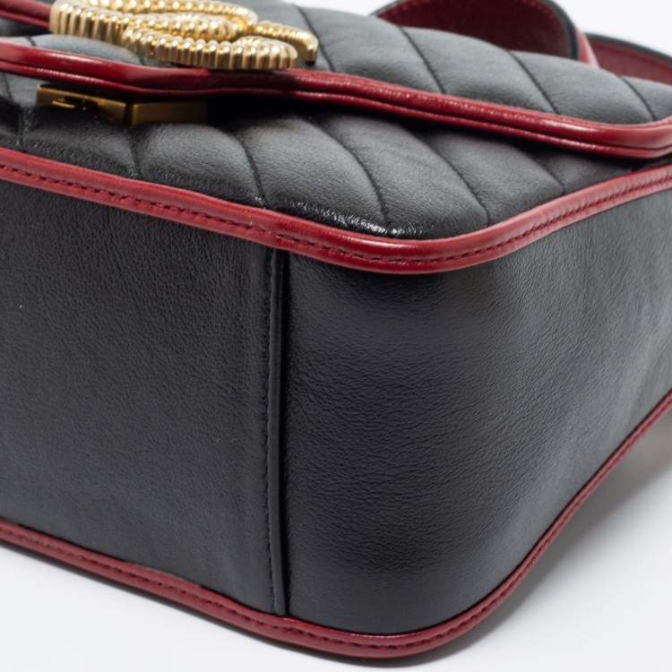 Pre Owned Gucci Black/Red Matelassé Leather Mini Marmont Top Handle Bag