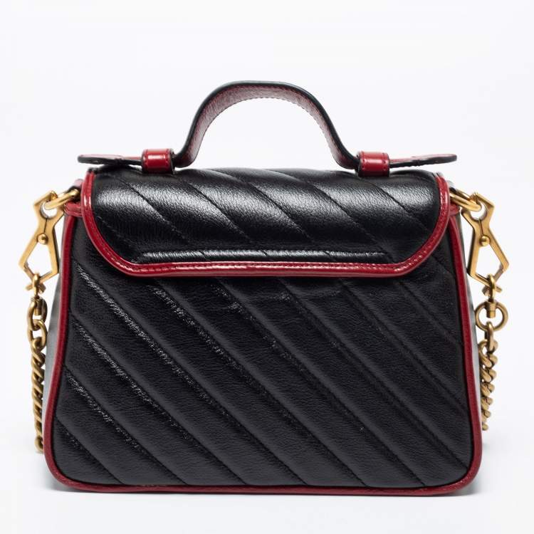 Pre Owned Gucci Black/Red Matelassé Leather Mini Marmont Top Handle Bag