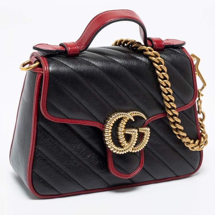 Pre Owned Gucci Black/Red Matelassé Leather Mini Marmont Top Handle Bag