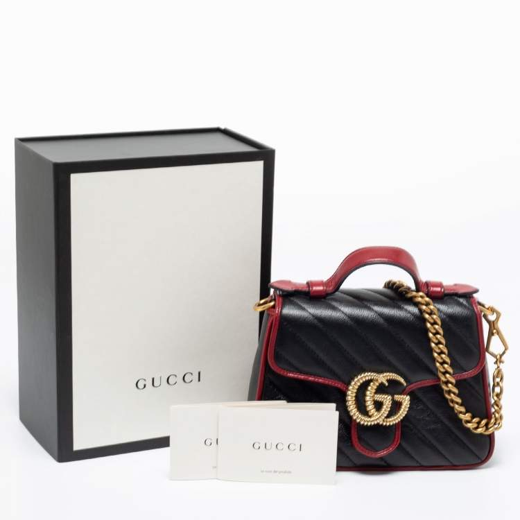 Pre Owned Gucci Black/Red Matelassé Leather Mini Marmont Top Handle Bag