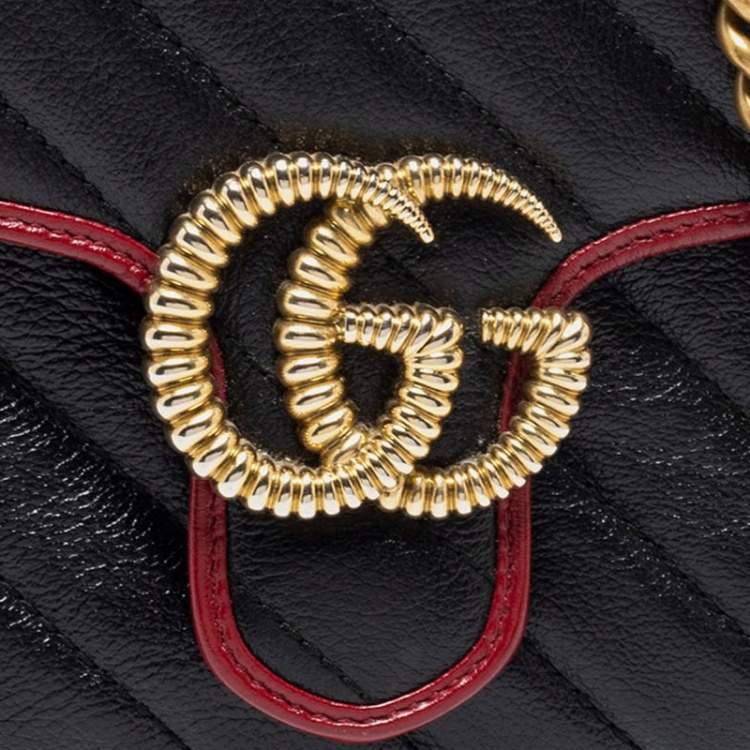 Pre Owned Gucci Black/Red Matelassé Leather Mini Marmont Top Handle Bag