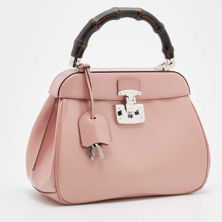 Pre Owned Gucci Pink Leather Lady Lock Bamboo Top Handle Bag