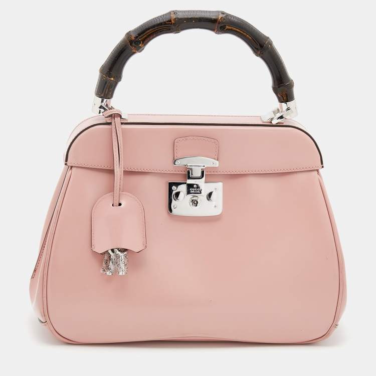 Pre Owned Gucci Pink Leather Lady Lock Bamboo Top Handle Bag