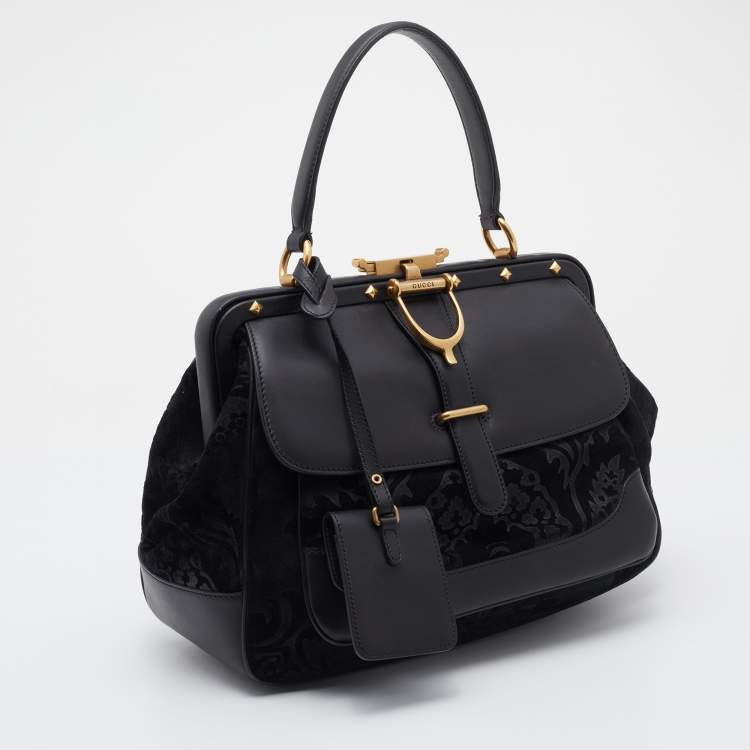 Pre Owned Gucci Black Leather And Suede Lady Stirrup Top Handle Bag