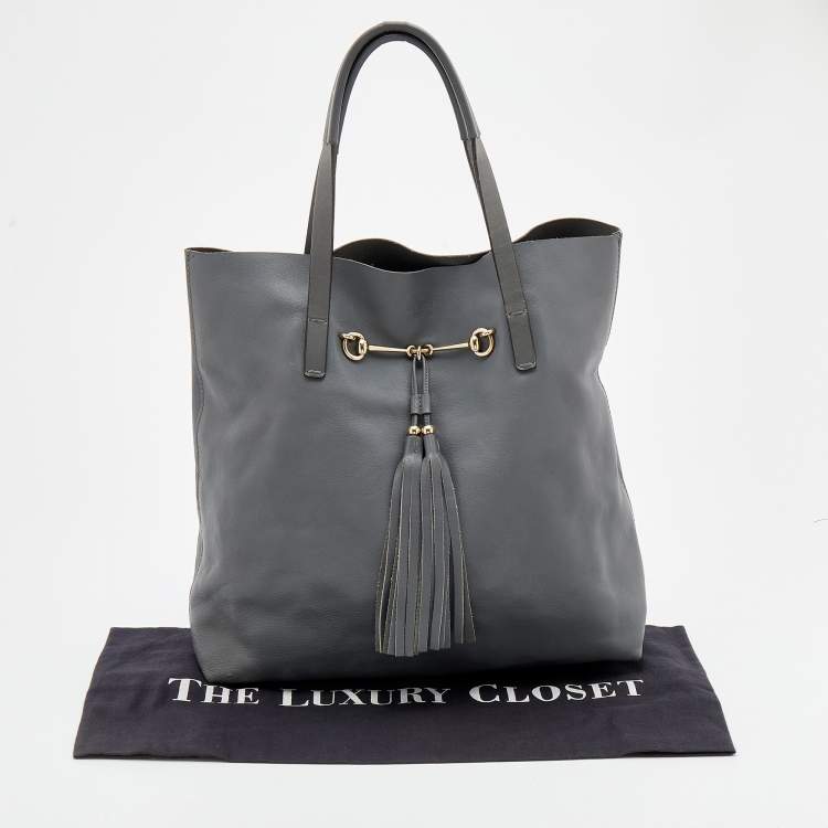 Pre Owned Gucci Ash Grey Leather Tassel Horsebit Tote