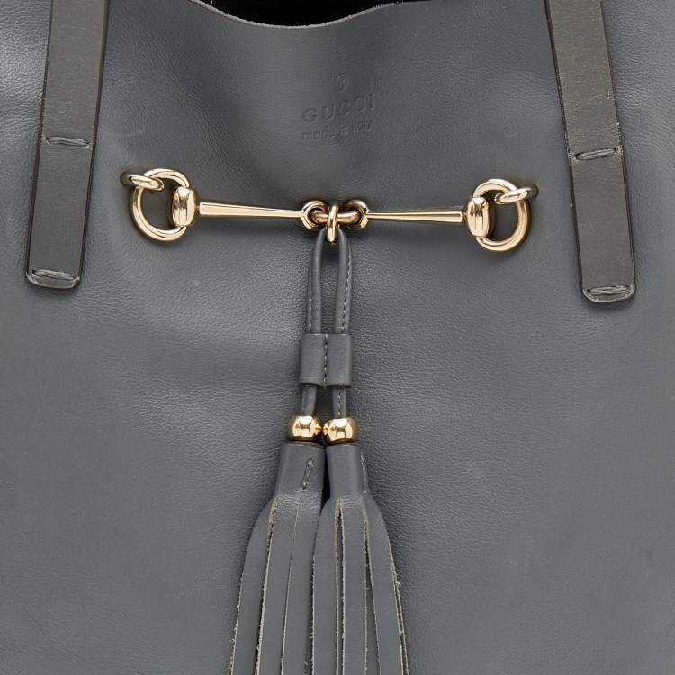 Pre Owned Gucci Ash Grey Leather Tassel Horsebit Tote