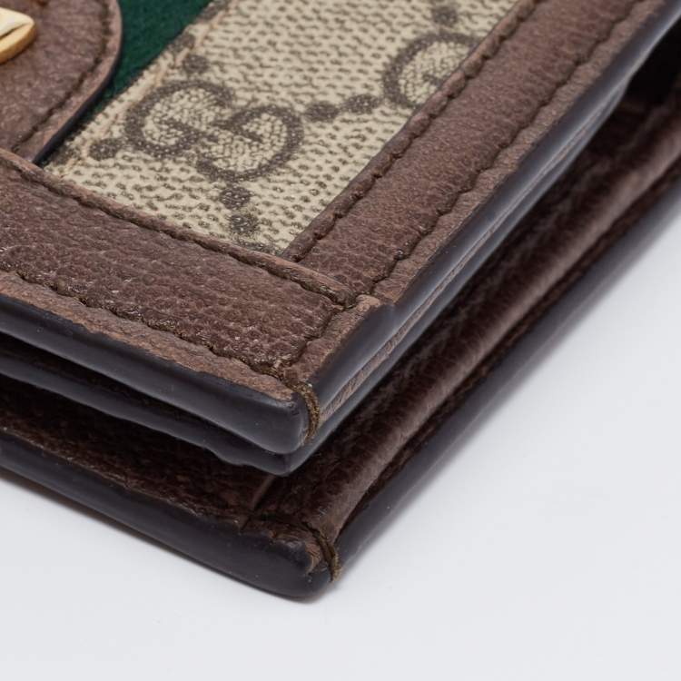 Pre Owned Gucci Brown GG Supreme Canvas and Leather Web Ophidia Card Case Wallet