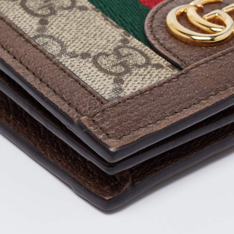 Pre Owned Gucci Brown GG Supreme Canvas and Leather Web Ophidia Card Case Wallet