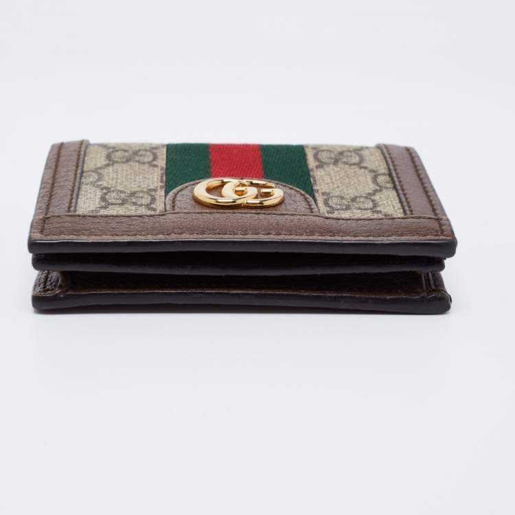 Pre Owned Gucci Brown GG Supreme Canvas and Leather Web Ophidia Card Case Wallet