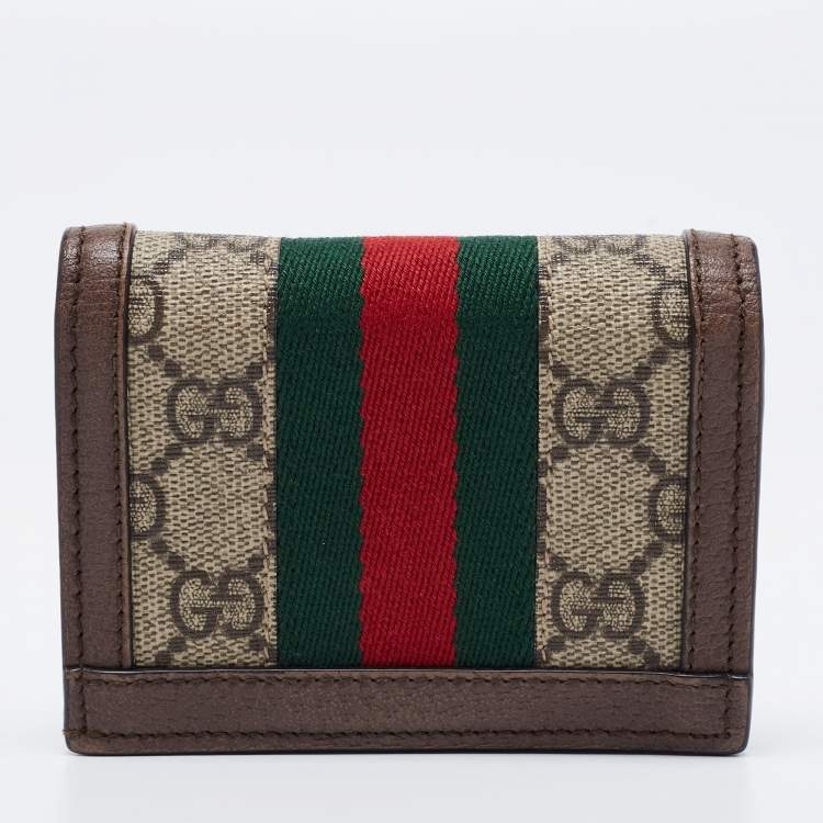 Pre Owned Gucci Brown GG Supreme Canvas and Leather Web Ophidia Card Case Wallet