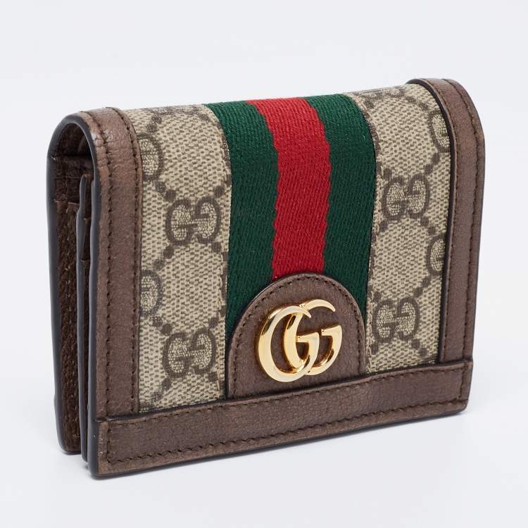 Pre Owned Gucci Brown GG Supreme Canvas and Leather Web Ophidia Card Case Wallet