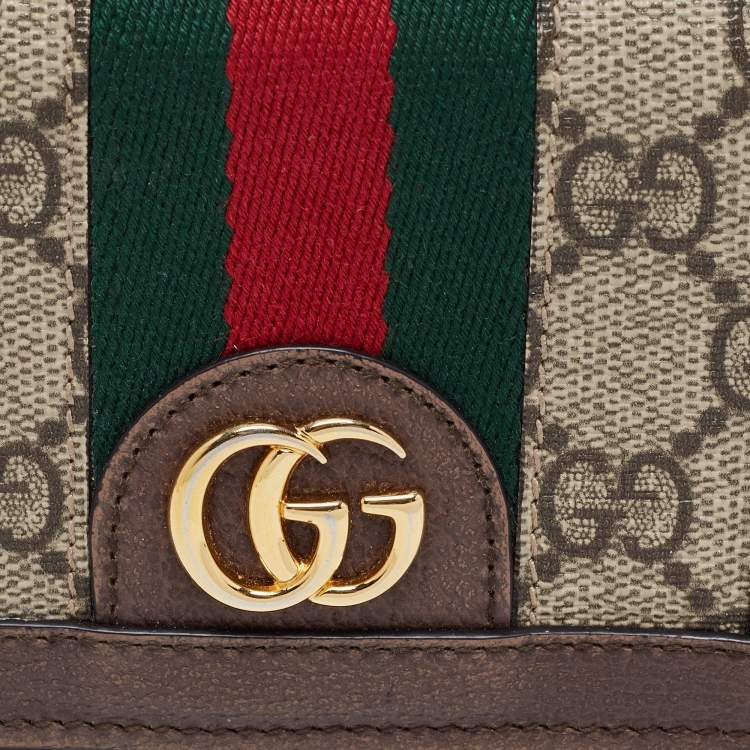Pre Owned Gucci Brown GG Supreme Canvas and Leather Web Ophidia Card Case Wallet