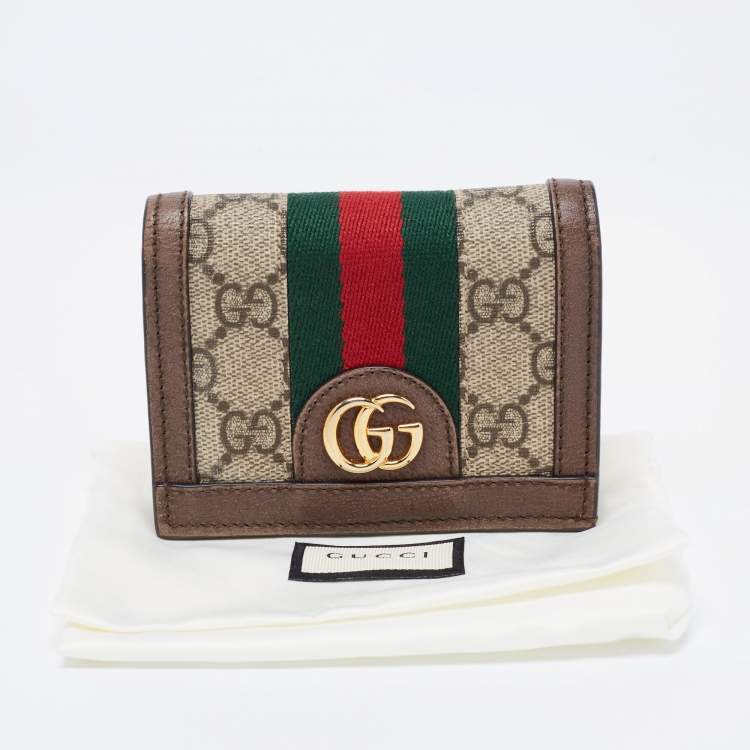 Pre Owned Gucci Brown GG Supreme Canvas and Leather Web Ophidia Card Case Wallet