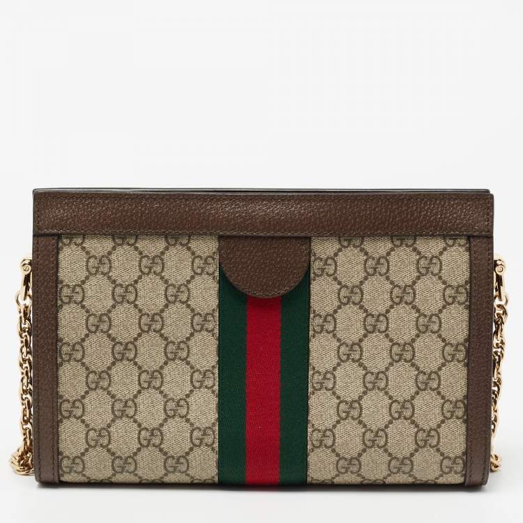 Pre Owned Gucci Beige/Ebony GG Supreme Canvas and Leather Small Ophidia Shoulder Bag