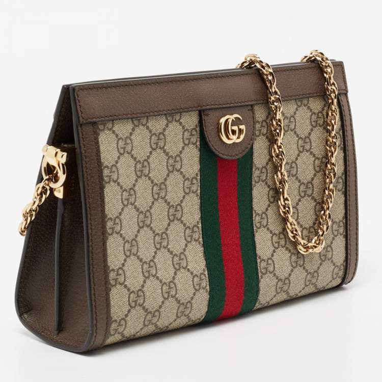 Pre Owned Gucci Beige/Ebony GG Supreme Canvas and Leather Small Ophidia Shoulder Bag