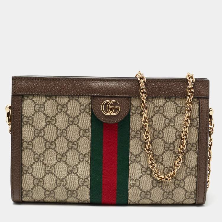 Pre Owned Gucci Beige/Ebony GG Supreme Canvas and Leather Small Ophidia Shoulder Bag