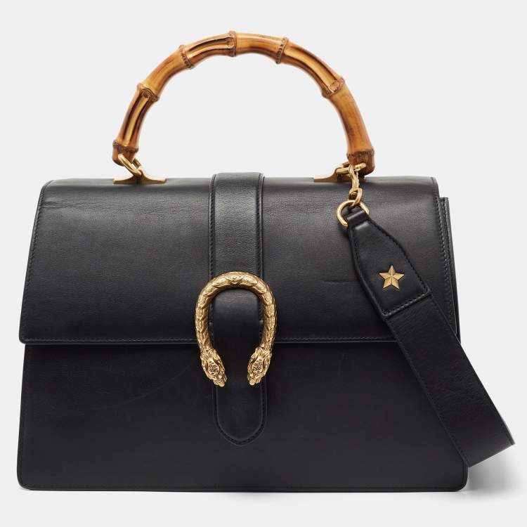 مملوكة مسبقًا Gucci Black Leather Large Dionysus Bamboo Top Handle Bag