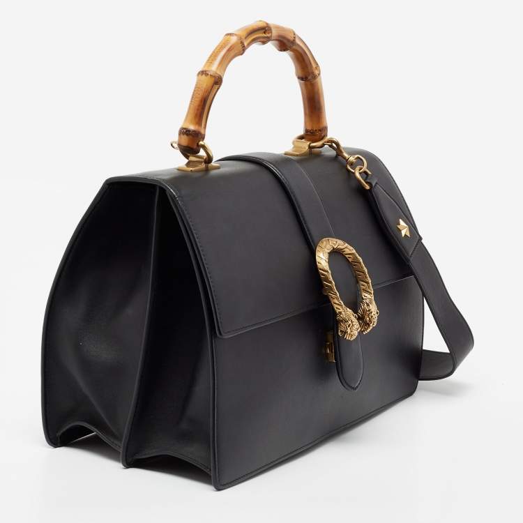 مملوكة مسبقًا Gucci Black Leather Large Dionysus Bamboo Top Handle Bag