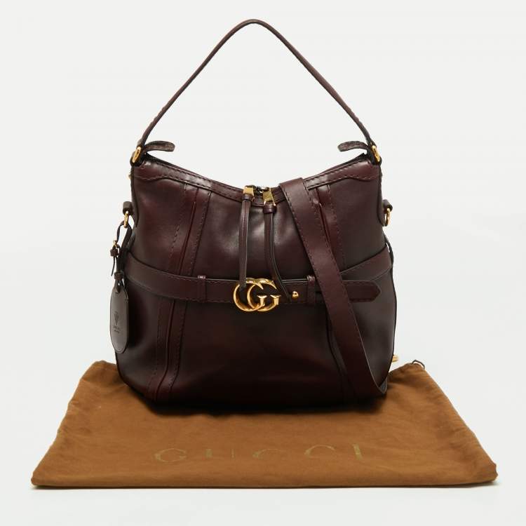 Pre Owned Gucci Dark Burgundy Leather Medium Double G Running Hobo       