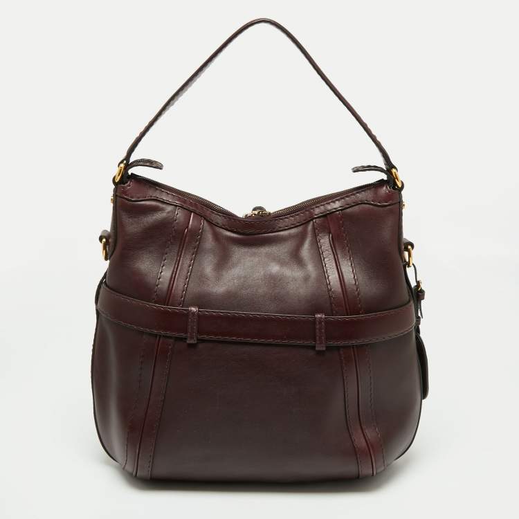 Pre Owned Gucci Dark Burgundy Leather Medium Double G Running Hobo       