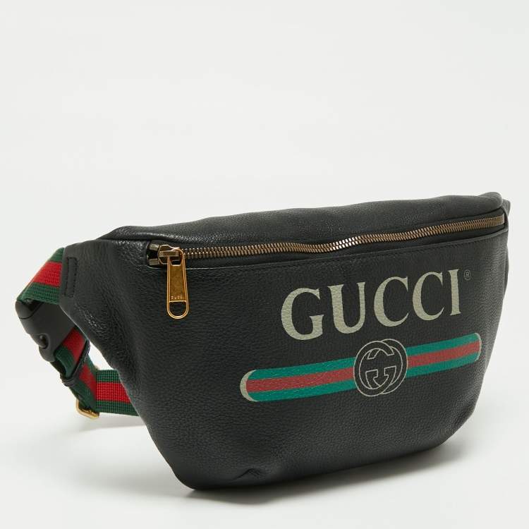 Pre Owned Gucci Black Pebbled Leather Small Logo Web Belt Bag