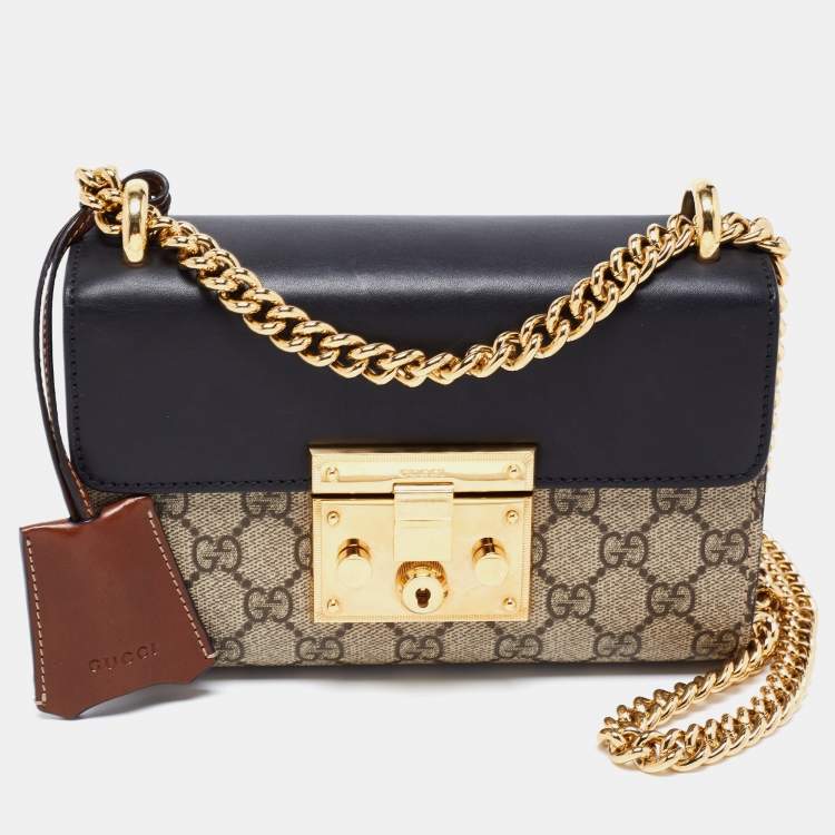 Gucci Black/Beige GG Supreme Canvas and Leather Small Padlock Shoulder Bag  Gucci
