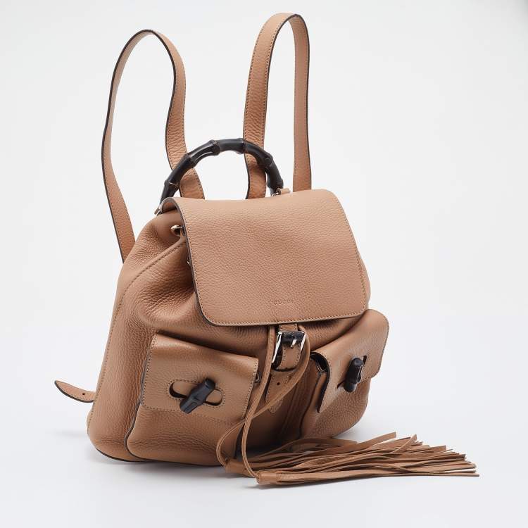 مملوكة مسبقًا Gucci Beige Leather Tassel Bamboo Backpack