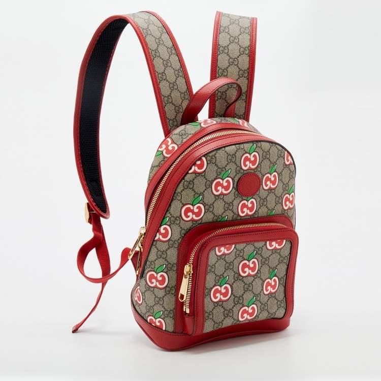 Pre Owned Gucci Beige/Red GG Supreme Canvas and Leather Small Backpack