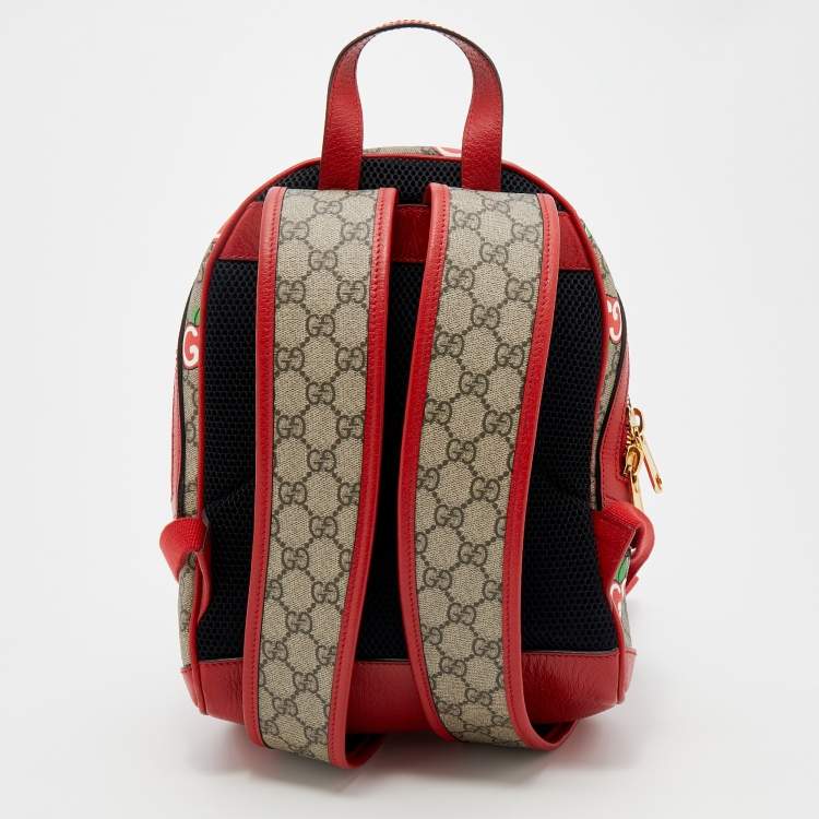 Pre Owned Gucci Beige/Red GG Supreme Canvas and Leather Small Backpack