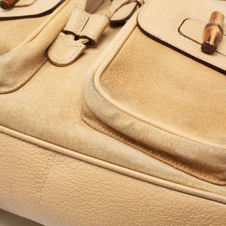 مملوكة مسبقًا Gucci Beige Suede and Leather Bamboo Drawstring Backpack