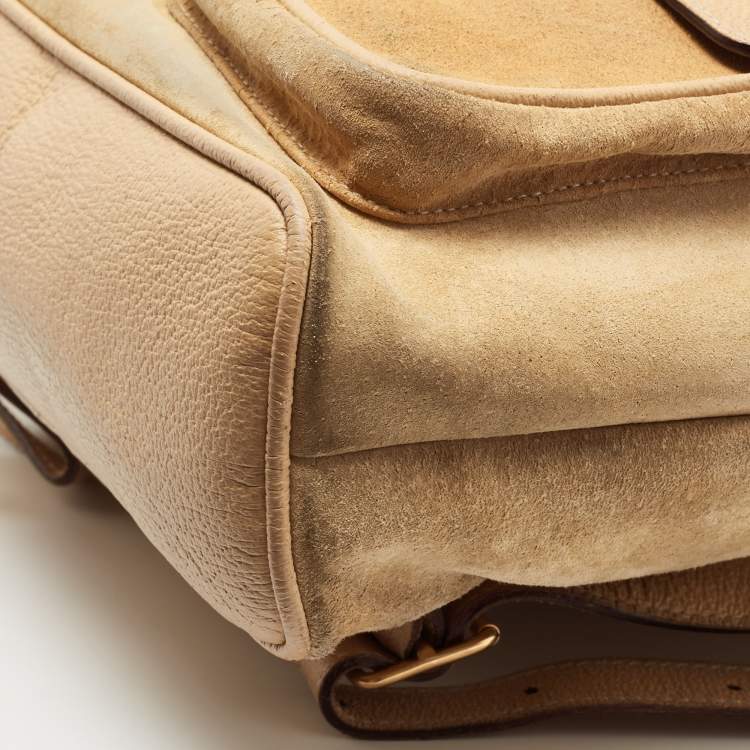 مملوكة مسبقًا Gucci Beige Suede and Leather Bamboo Drawstring Backpack