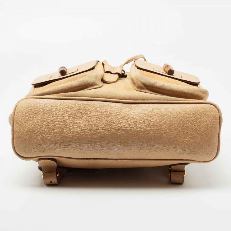 مملوكة مسبقًا Gucci Beige Suede and Leather Bamboo Drawstring Backpack