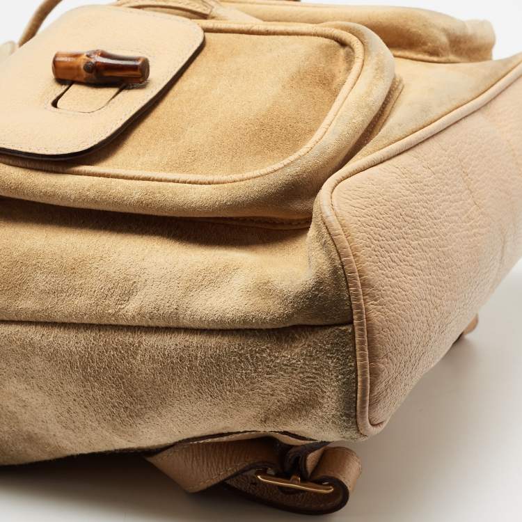 مملوكة مسبقًا Gucci Beige Suede and Leather Bamboo Drawstring Backpack