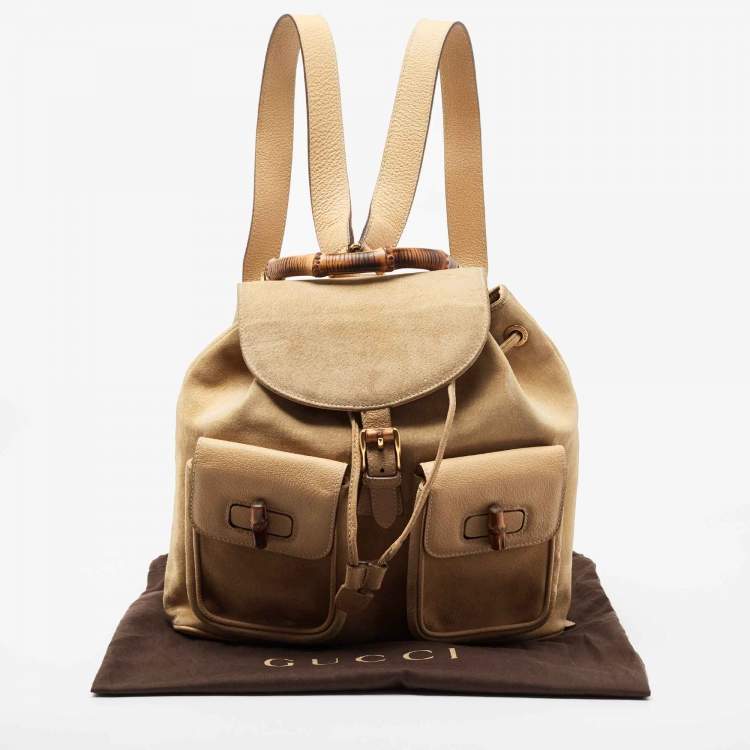 مملوكة مسبقًا Gucci Beige Suede and Leather Bamboo Drawstring Backpack