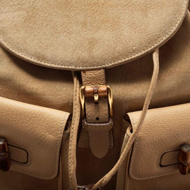 مملوكة مسبقًا Gucci Beige Suede and Leather Bamboo Drawstring Backpack