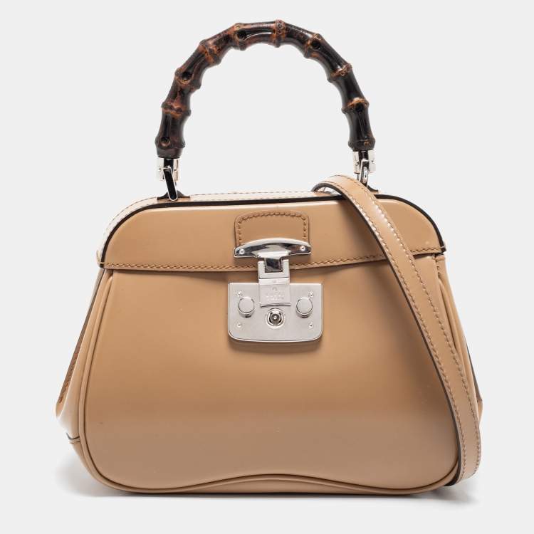 Pre Owned Gucci Beige Glossy Leather Mini Lady Lock Bamboo Top Handle Bag