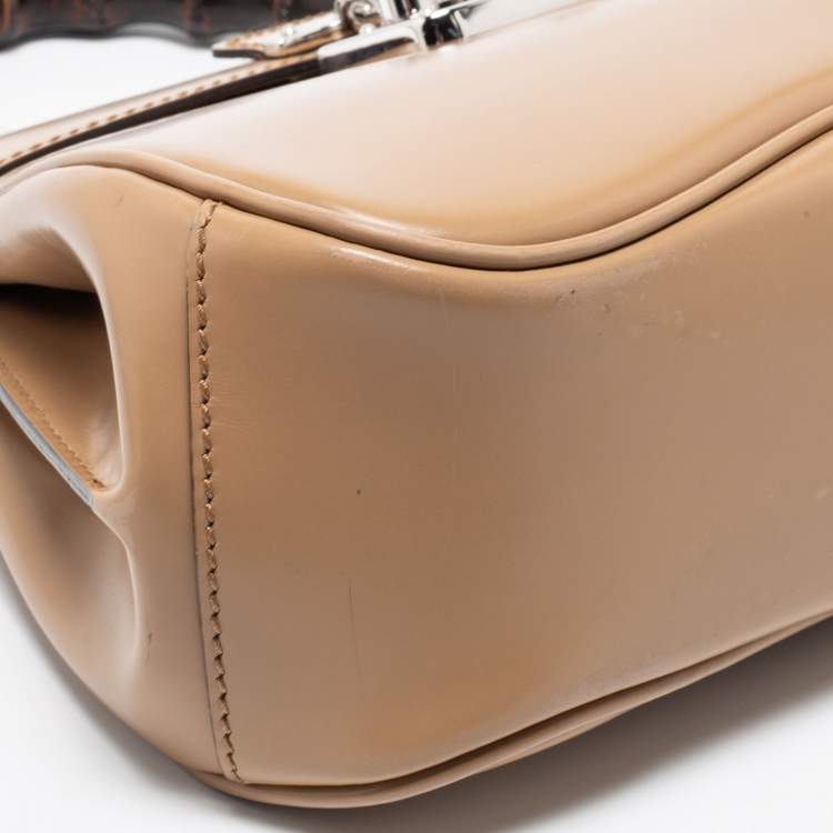 Pre Owned Gucci Beige Glossy Leather Mini Lady Lock Bamboo Top Handle Bag