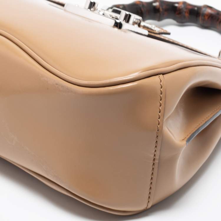 Pre Owned Gucci Beige Glossy Leather Mini Lady Lock Bamboo Top Handle Bag