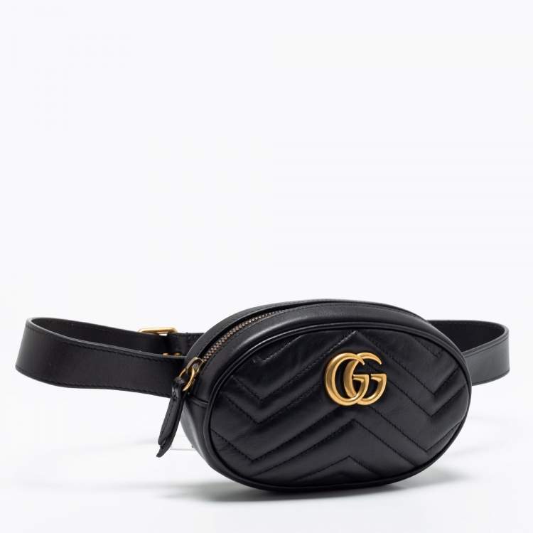 Pre Owned Gucci Black Matelassé  Leather GG Marmont Belt Bag